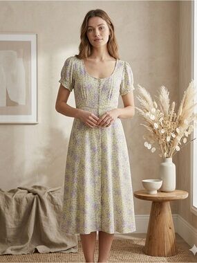 LoveShackFancy Regina Floral Cotton MIDI Dress Yellow Purple Rickrack Size 8